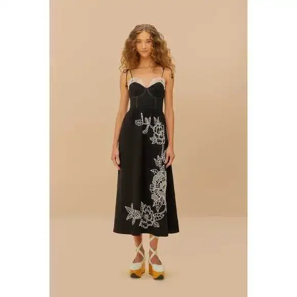 Black Richelieu Lace Euroflax™ Premium Linen Midi Dress - Picture 1 of 4